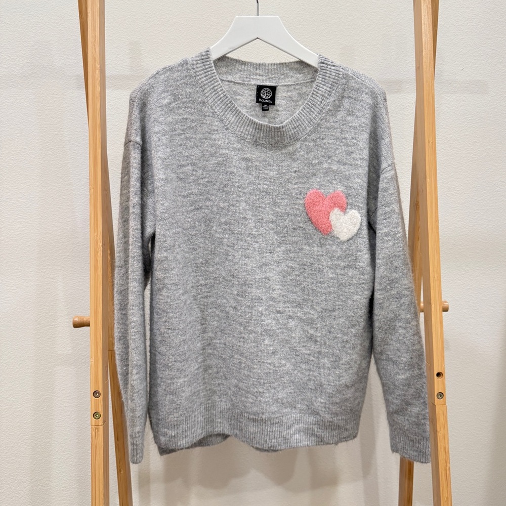 Bobeau Gray Sweater with Pink and White Heart Details
